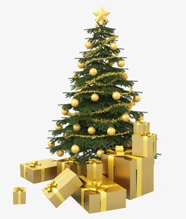 金色圣诞树装饰礼盒元素免抠