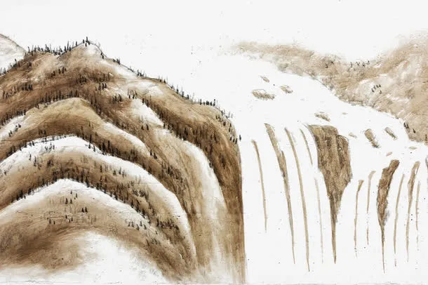 褐色水墨瀑布山水画免抠免抠