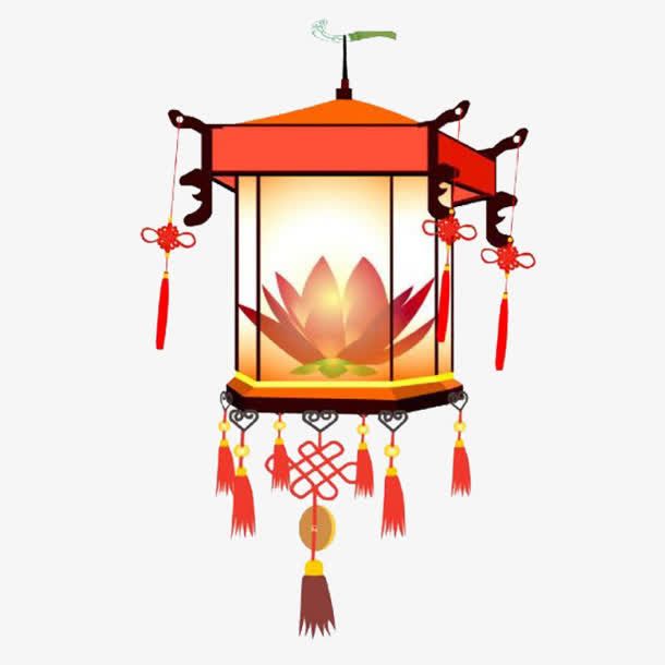 红色莲花手绘宫灯免抠