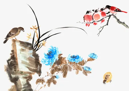写意兰菊小鸟免抠