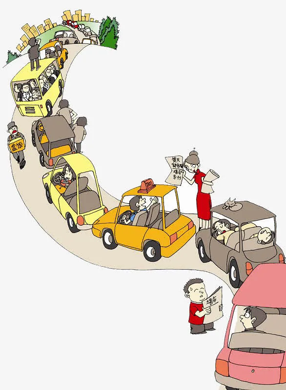 城市道路堵车漫画免抠