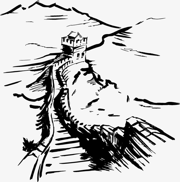 水墨描绘的万里长城免抠