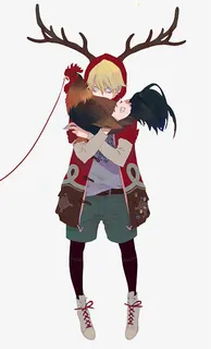抱公鸡的鹿角男孩手绘免抠