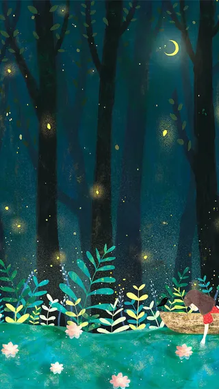 卡通绿色森林小女孩划船背景高清