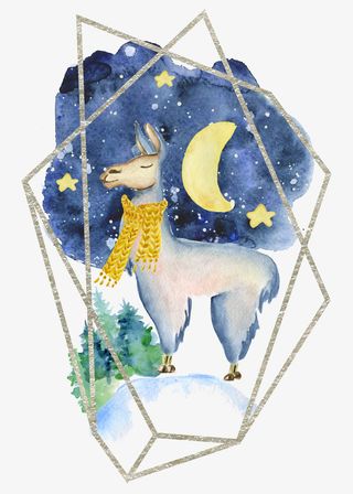 手绘夜晚中的羊驼免抠