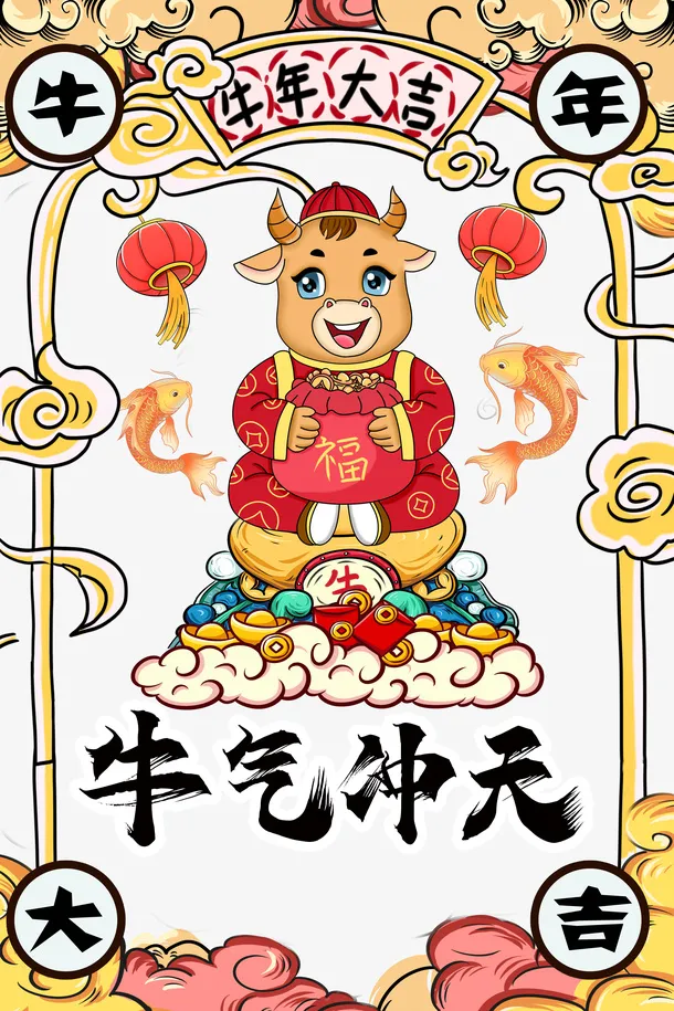 牛气冲天艺术字手绘生肖牛国潮元素图免抠