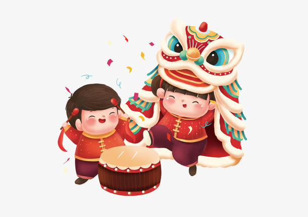 卡通手绘小孩敲锣打鼓免抠