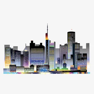 矢量卡通灯火通明城市夜空景观免抠