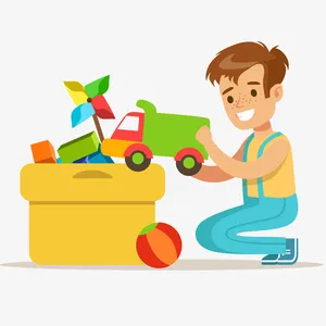 小男孩收拾玩具插画免抠