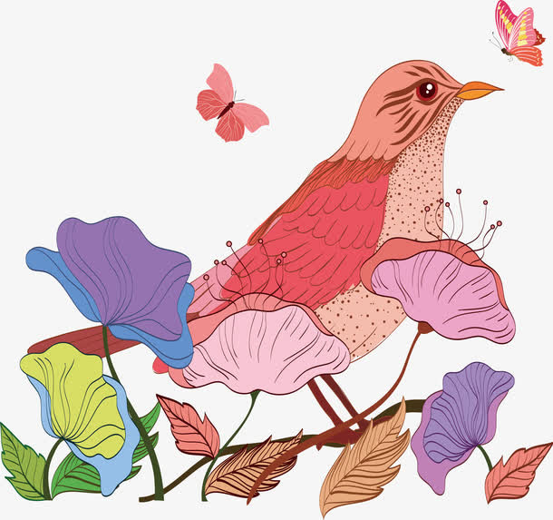 美丽手绘春天的花鸟免抠