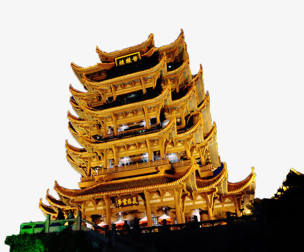 灯光照射下的黄鹤楼夜景免抠