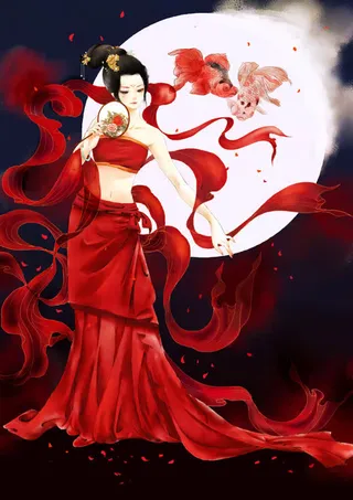 红色白色月光扁平风格嫦娥免抠