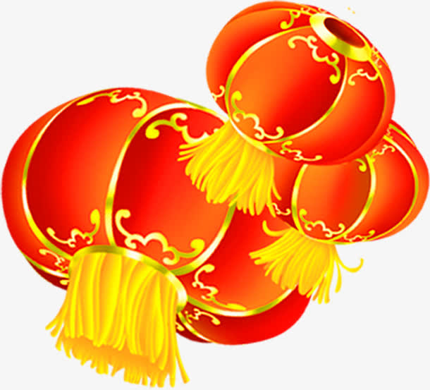 手绘黄色花纹红色灯笼免抠
