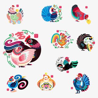 彩色公鸡剪纸免抠