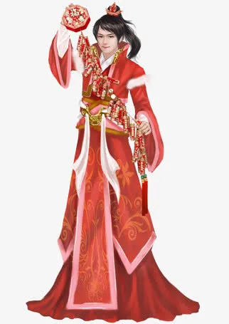 红衣鞭炮美男春节古风手绘免抠