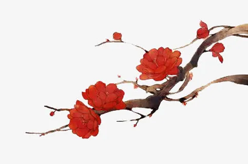 红色花朵花枝中国风免抠