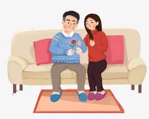 手绘人物插画坐在沙发上的情侣插免抠