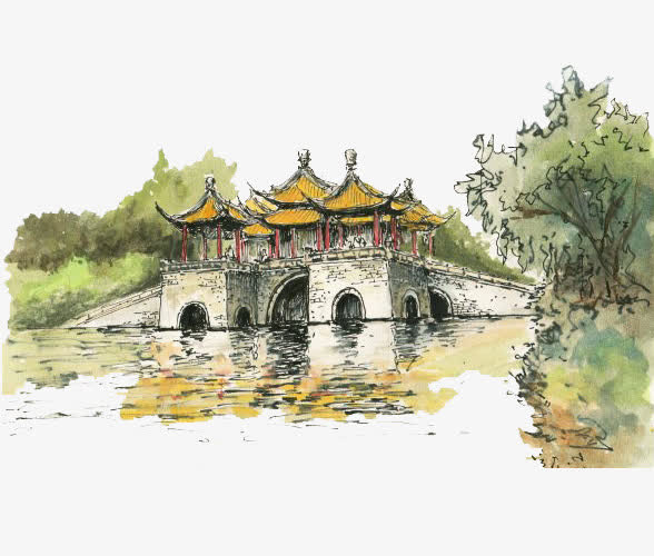 五亭桥彩色水彩画免抠