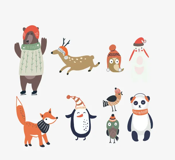 卡通手绘冬季活动的小动物插画免抠