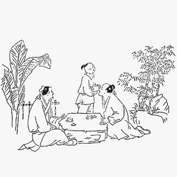 手绘 品茶 古代民间 国潮风免抠