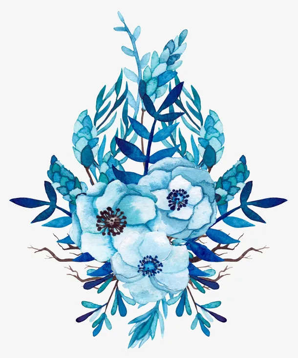 手绘蓝色花草花朵免抠