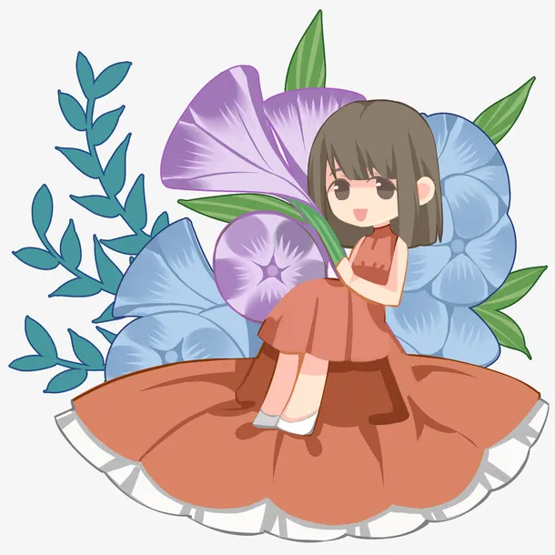 紫色花朵女孩免抠