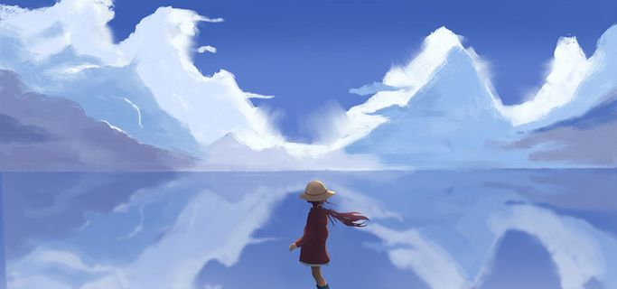 海景倒影人物插画高清