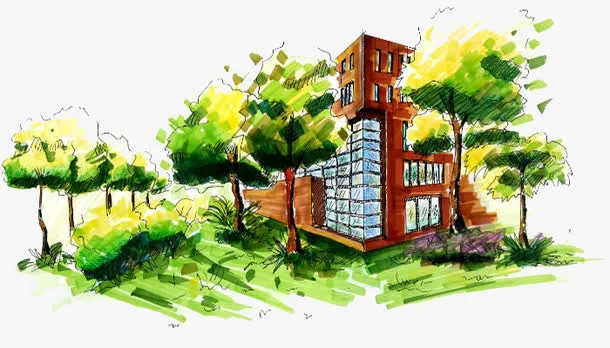 手绘校园一角免抠