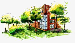 手绘校园一角免抠