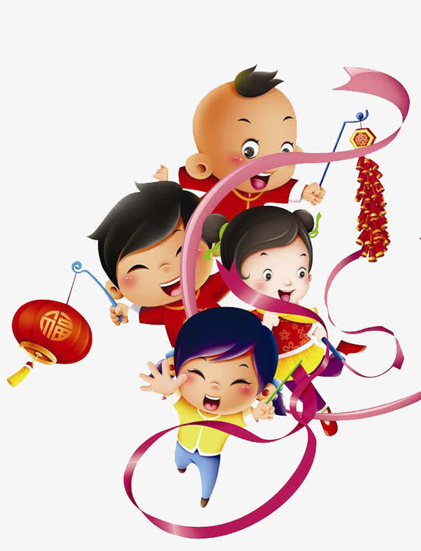 卡通小孩放鞭炮免抠