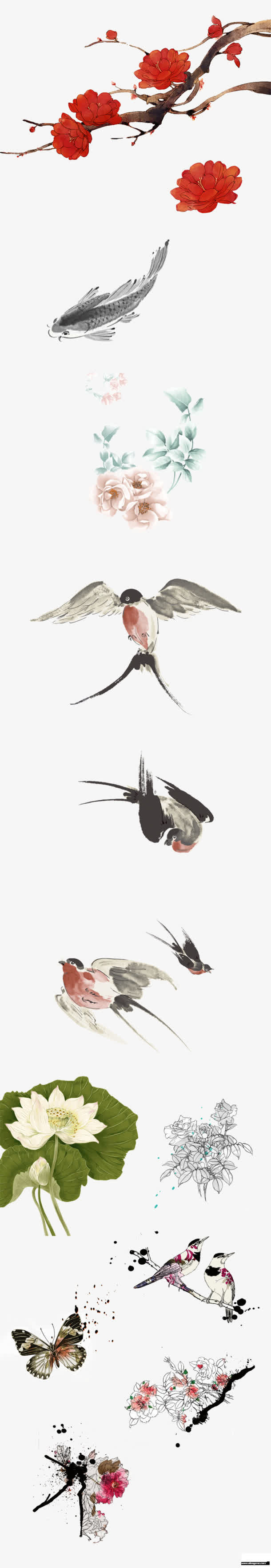 手绘红色花朵树枝免抠