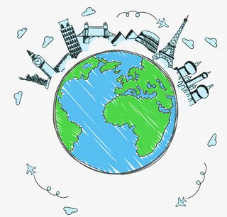 手绘创意城市围绕地球免抠