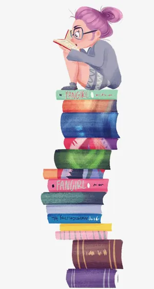 卡通手绘坐在书本上读书的女孩免抠