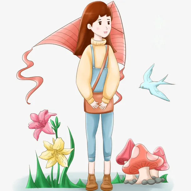 春分蘑菇花朵女孩风筝免抠其他元素