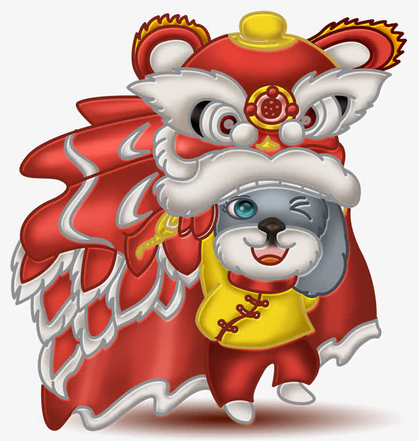 狗年春节舞狮卡通插画海报免抠