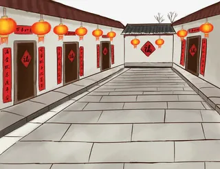 新年装饰手绘大街插画免抠