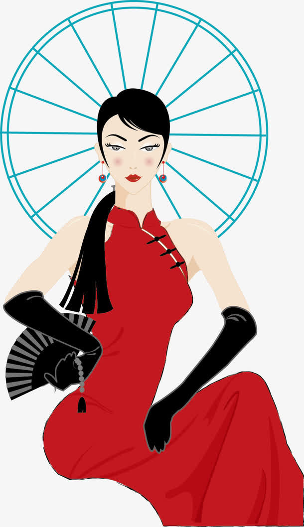 穿红色旗袍的长发女孩免抠