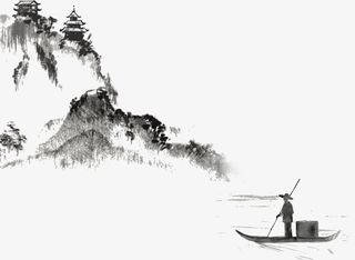 古风水墨画山水渔夫船免抠