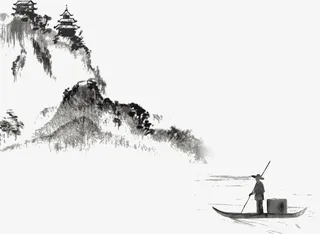 古风水墨画山水渔夫船免抠