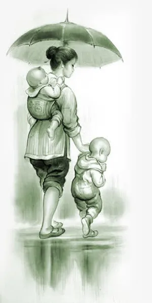 创意水墨人物母爱雨伞免抠
