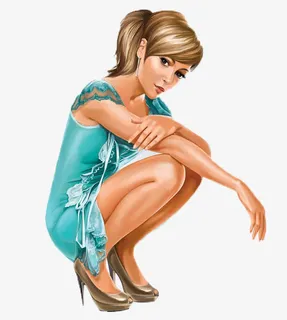 蓝裙女子插画免抠