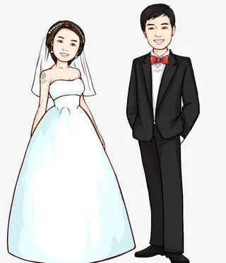 卡通可爱风格新娘新郎婚礼婚纱照免抠