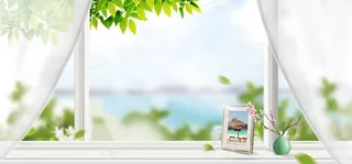 春季窗外景色朦胧相框文艺白色banner高清文艺清新背景