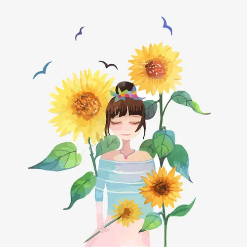 黄色卡通手绘向日葵女孩插画免抠