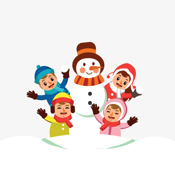 卡通堆雪人的四个儿童矢量图免抠