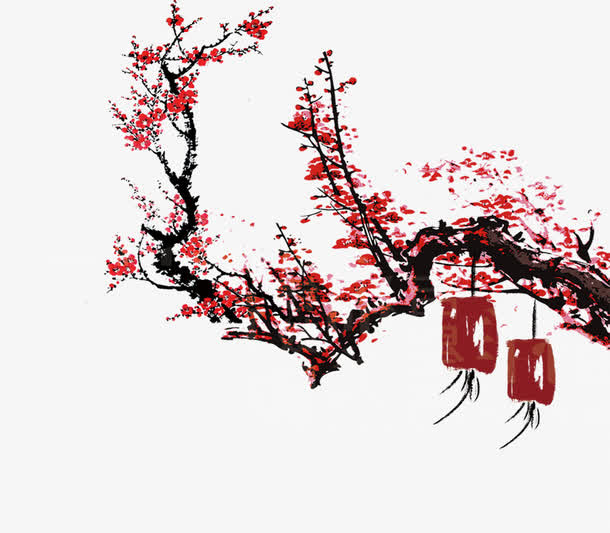 红色水墨梅花灯笼免费素材下载免抠