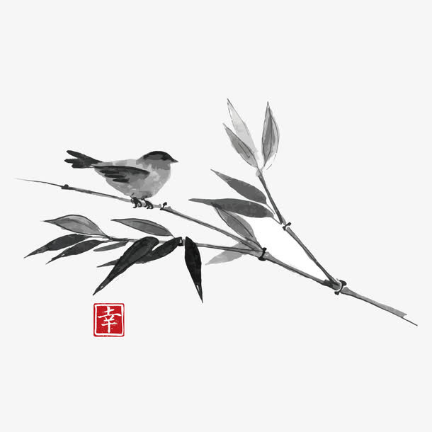 中国水墨竹子和黄鹂鸟免抠
