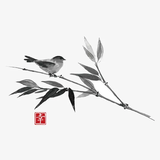 中国水墨竹子和黄鹂鸟免抠