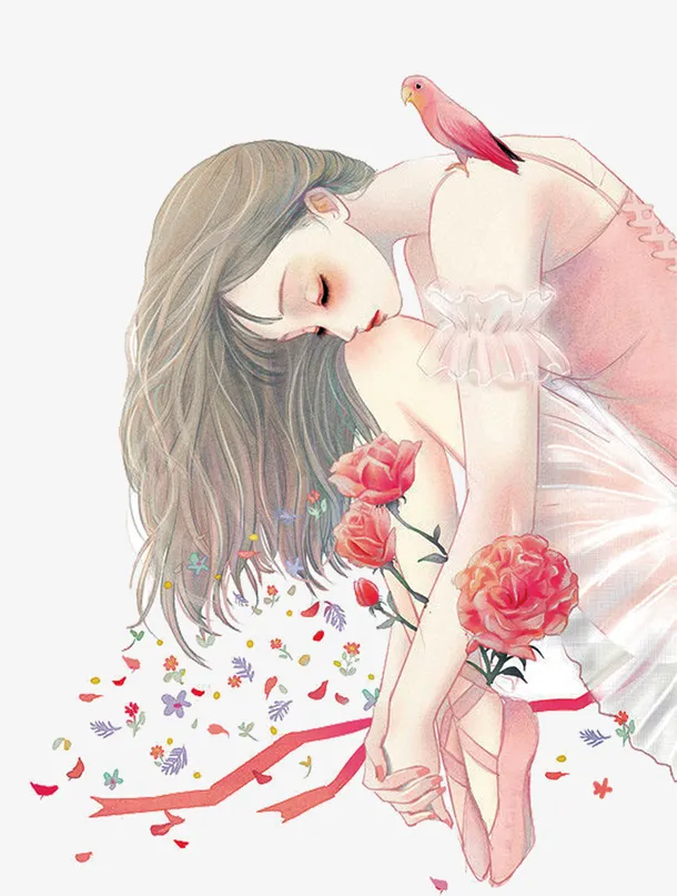 三八女生节手绘水彩插画柔美女孩免抠