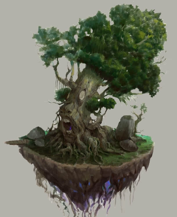 手绘绿色树爷爷插画免抠